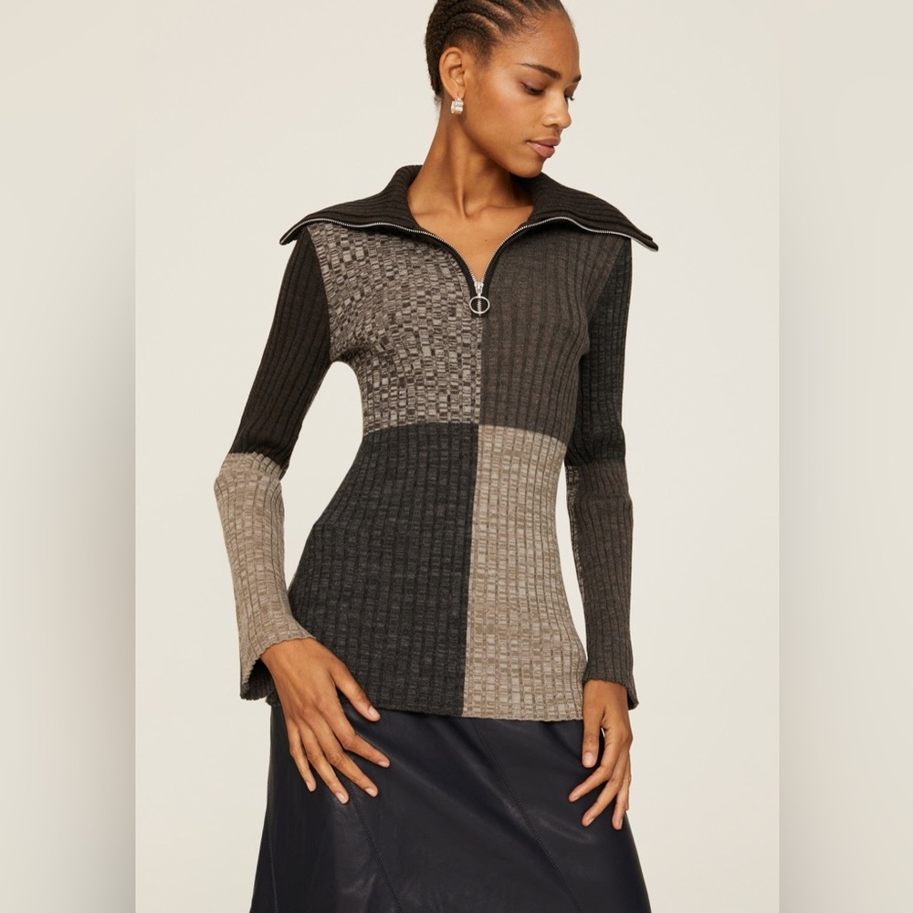 Sandro Moria Sweater Size Small Colorblock Quarter Zip Ribbed Knit